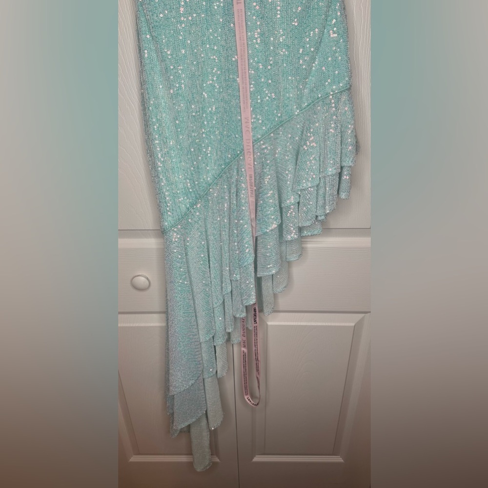 Mac Duggal NWT Blue Sequined Halter Ruffle Asymmetrical Dress Style #A11274 - Picture 6 of 12